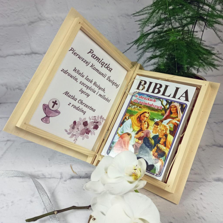 Pamiątka Pierwszej Komunii Świętej Biblia Pismo Święte w pudełku szkatułce z grawerem IHS