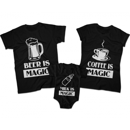 Zestaw koszulek dla rodziców i syna Beer is magic Coffe is magic Milk is magic